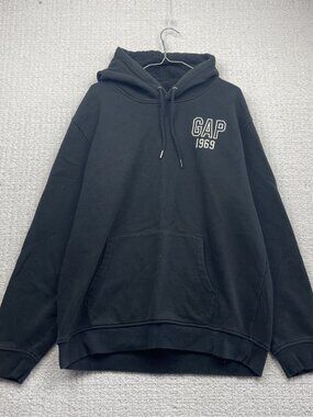 Y2K Gap 1969 Hoodie Mens XL Black Logo Fleece Pullover Skater Grunge Distressed*